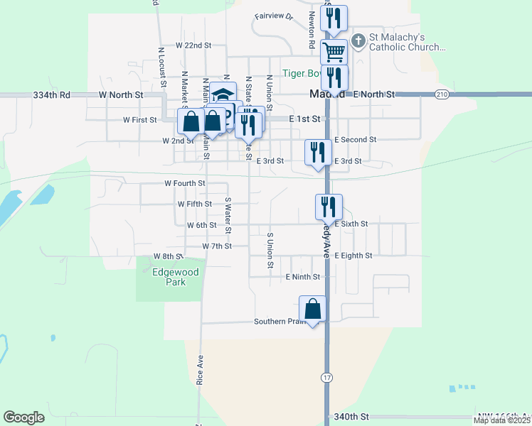 map of restaurants, bars, coffee shops, grocery stores, and more near 510 South Union Street in Madrid