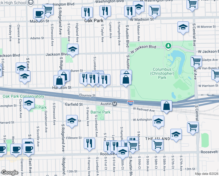 map of restaurants, bars, coffee shops, grocery stores, and more near 905 Lyman Avenue in Oak Park