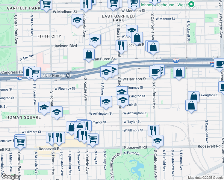 map of restaurants, bars, coffee shops, grocery stores, and more near 3027 West Flournoy Street in Chicago