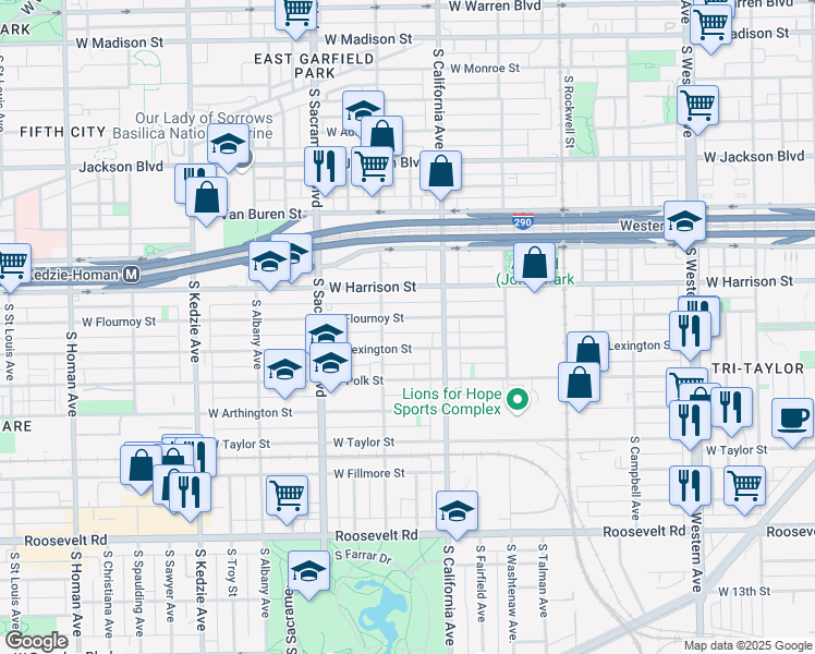 map of restaurants, bars, coffee shops, grocery stores, and more near 2835 West Flournoy Street in Chicago