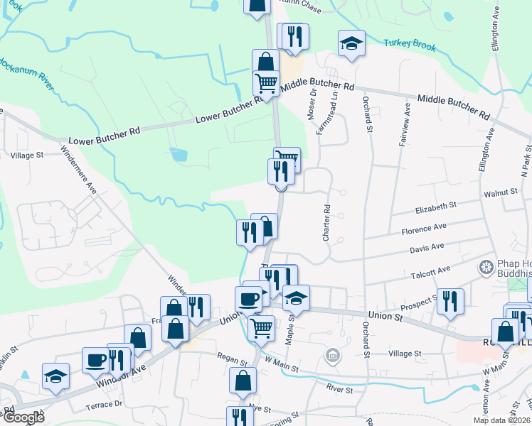 map of restaurants, bars, coffee shops, grocery stores, and more near 24 West Road in Ellington