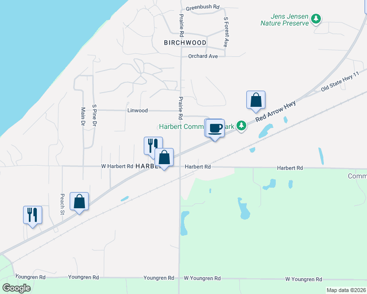 map of restaurants, bars, coffee shops, grocery stores, and more near 13662 Red Arrow Highway in Berrien County