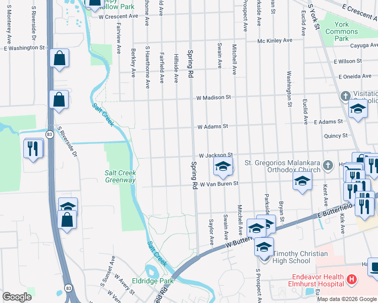 map of restaurants, bars, coffee shops, grocery stores, and more near 872 Spring Road in Elmhurst