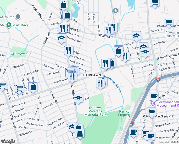 map of restaurants, bars, coffee shops, grocery stores, and more near 14 Fairview Avenue in Pawtucket