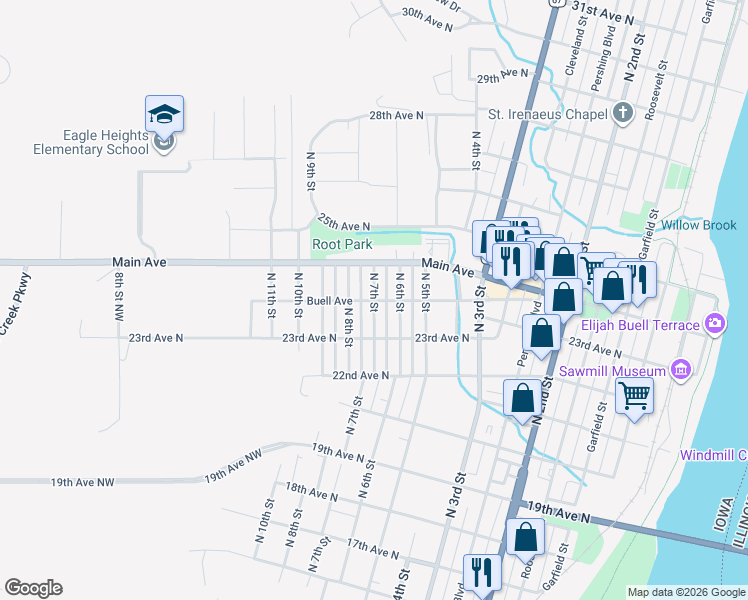 map of restaurants, bars, coffee shops, grocery stores, and more near 701 Buell Avenue in Clinton