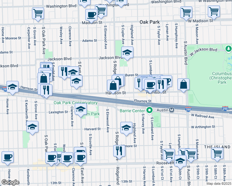 map of restaurants, bars, coffee shops, grocery stores, and more near Harrison St & S Ridgeland Ave in Oak Park