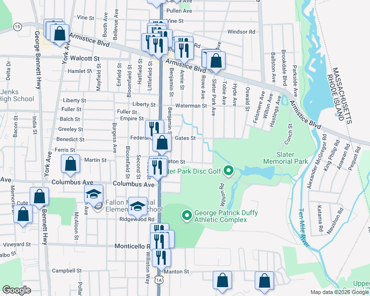 map of restaurants, bars, coffee shops, grocery stores, and more near 244 Annie Street in Pawtucket
