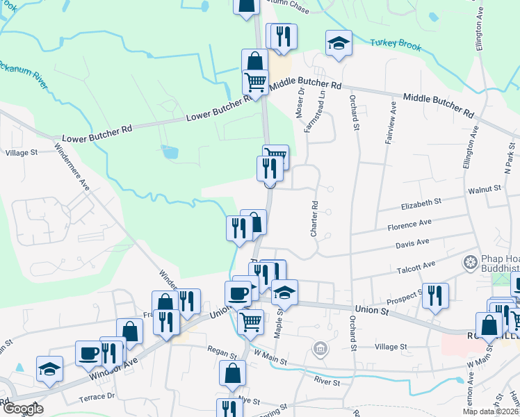 map of restaurants, bars, coffee shops, grocery stores, and more near 27 West Road in Ellington