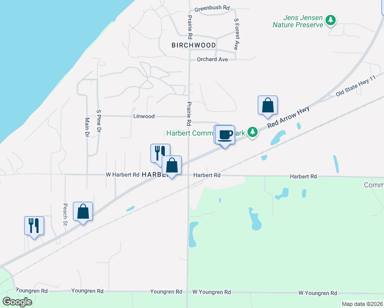 map of restaurants, bars, coffee shops, grocery stores, and more near 13662 Red Arrow Highway in Berrien County