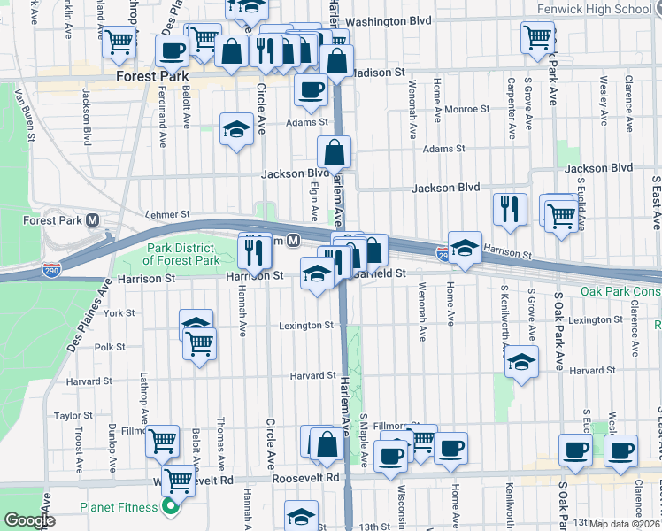 map of restaurants, bars, coffee shops, grocery stores, and more near 7209 Harrison Street in Forest Park