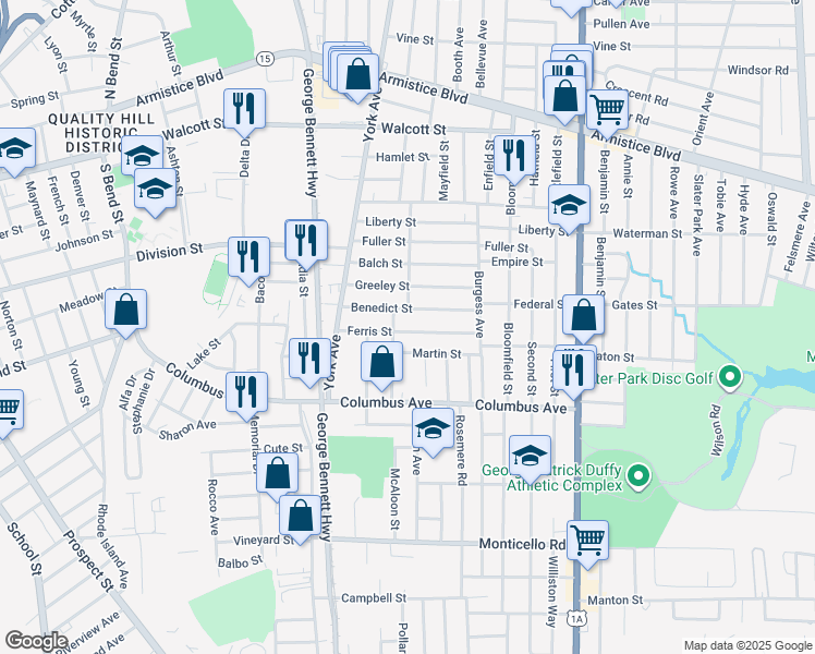 map of restaurants, bars, coffee shops, grocery stores, and more near 56 Ferris Street in Pawtucket