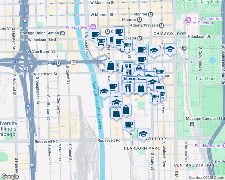 map of restaurants, bars, coffee shops, grocery stores, and more near 729 South Wells Street in Chicago