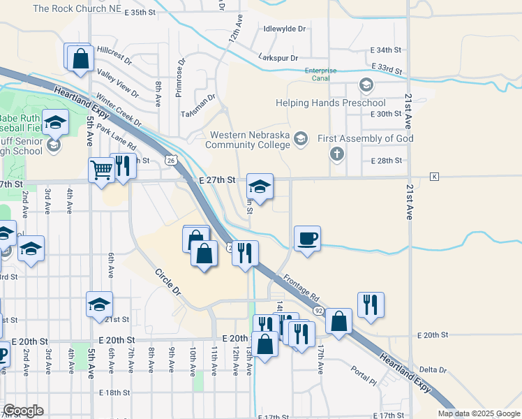 map of restaurants, bars, coffee shops, grocery stores, and more near 2620 College Park in Scottsbluff
