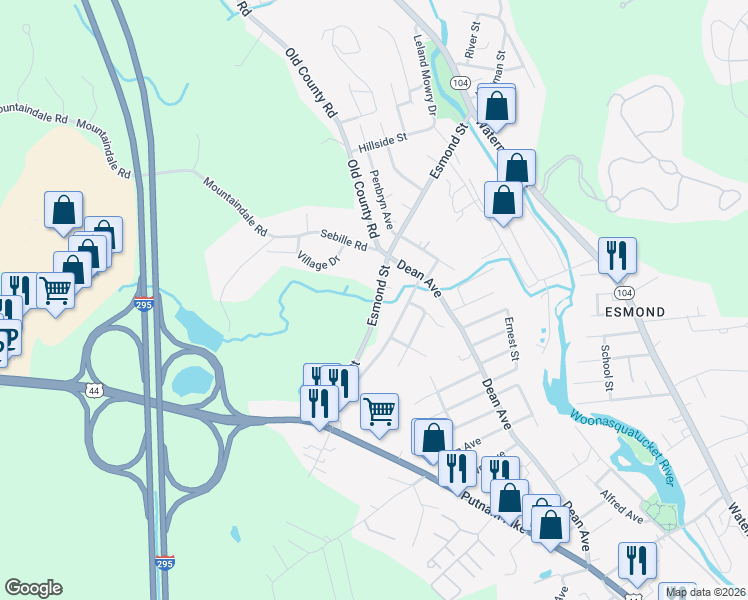 map of restaurants, bars, coffee shops, grocery stores, and more near 93 Esmond Street in Smithfield