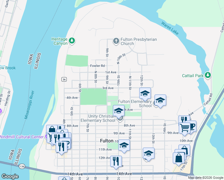 map of restaurants, bars, coffee shops, grocery stores, and more near 908 3rd Avenue in Fulton