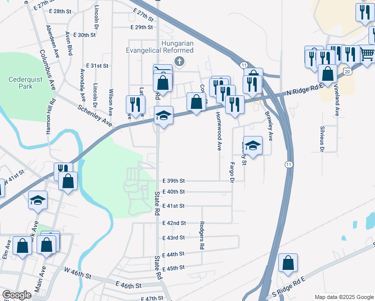 map of restaurants, bars, coffee shops, grocery stores, and more near 3436 Edgewood Drive in Ashtabula