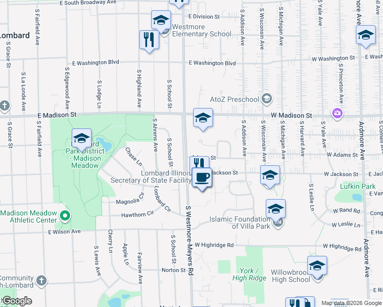 map of restaurants, bars, coffee shops, grocery stores, and more near 711 South Westmore-Meyers Road in Lombard