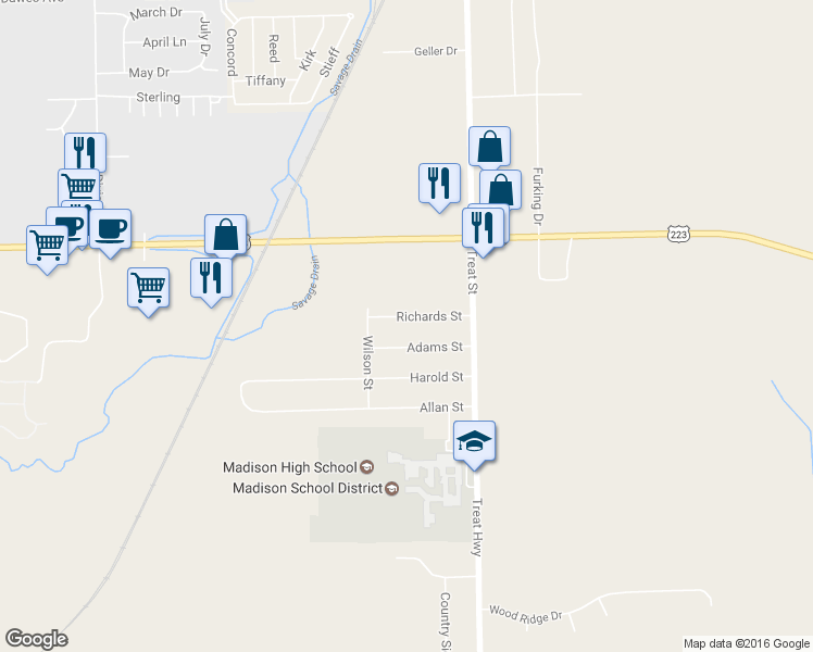 map of restaurants, bars, coffee shops, grocery stores, and more near 2111 Richards Street in Adrian