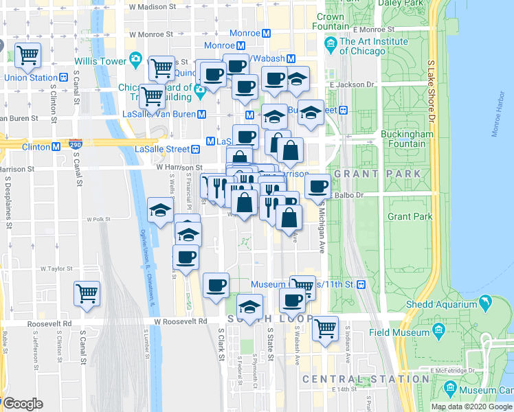 map of restaurants, bars, coffee shops, grocery stores, and more near 647 South Dearborn Street in Chicago