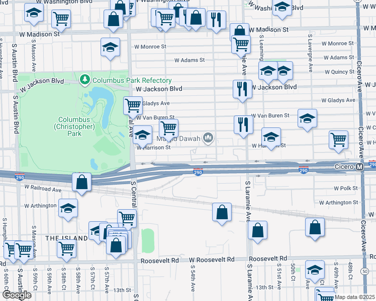 map of restaurants, bars, coffee shops, grocery stores, and more near 5401 West Harrison Street in Chicago