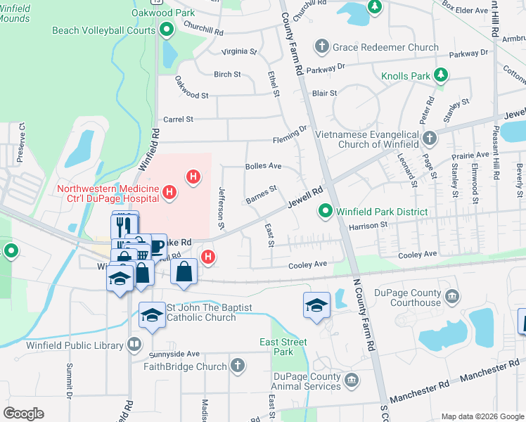 map of restaurants, bars, coffee shops, grocery stores, and more near 27W160 Jewell Road in Winfield