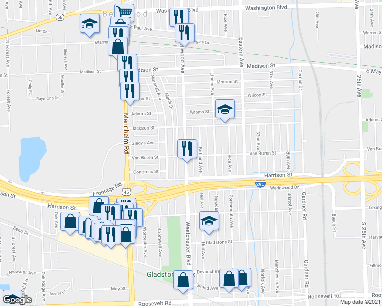 map of restaurants, bars, coffee shops, grocery stores, and more near 3619 Van Buren Street in Bellwood