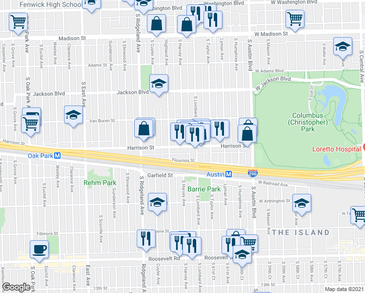 map of restaurants, bars, coffee shops, grocery stores, and more near Harrison Street & South Harvey Avenue in Oak Park