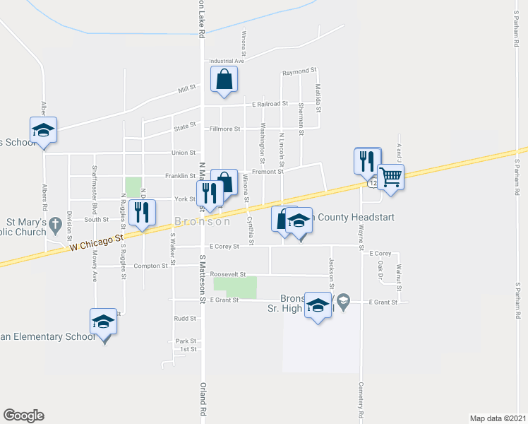 map of restaurants, bars, coffee shops, grocery stores, and more near 328 East Chicago Street in Bronson