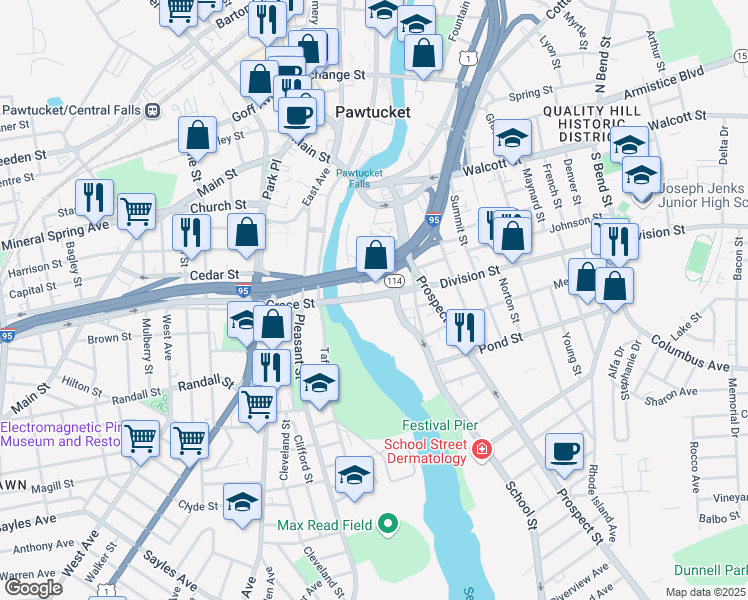 map of restaurants, bars, coffee shops, grocery stores, and more near 45 Division Street in Pawtucket