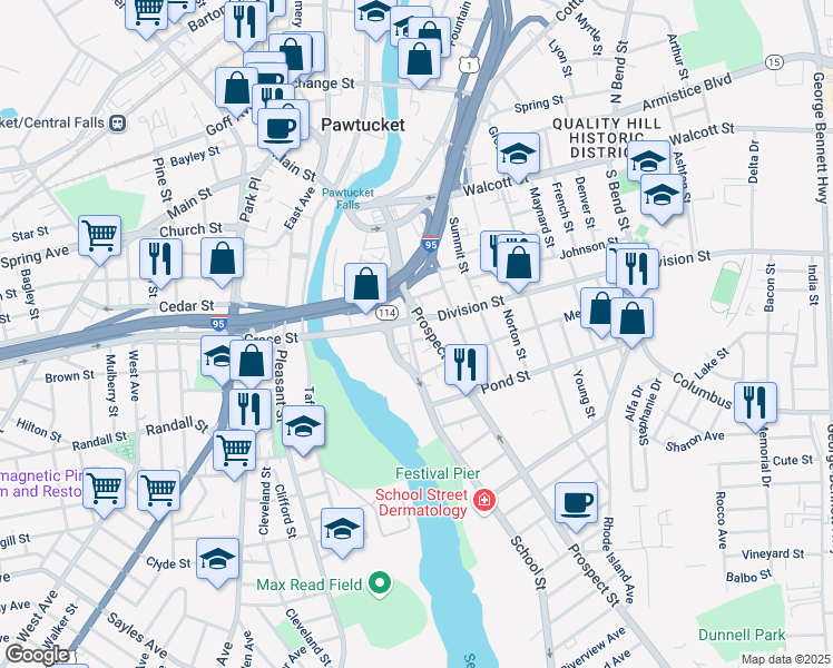 map of restaurants, bars, coffee shops, grocery stores, and more near 31 Bowers Street in Pawtucket