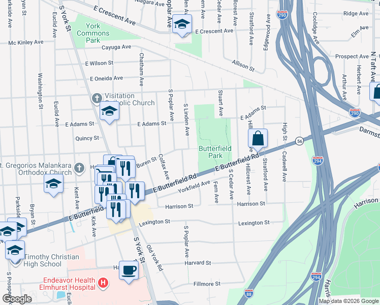 map of restaurants, bars, coffee shops, grocery stores, and more near 344 East Van Buren Street in Elmhurst