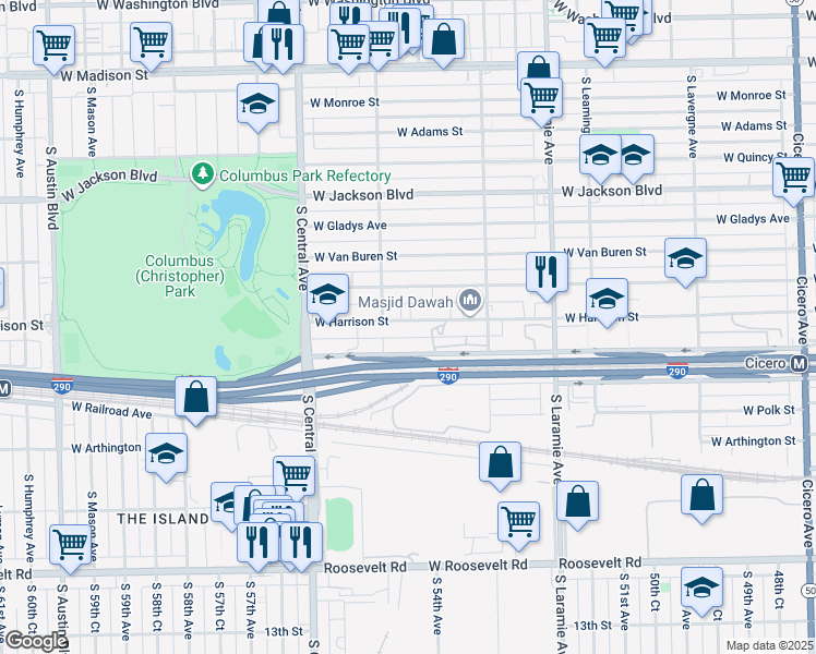 map of restaurants, bars, coffee shops, grocery stores, and more near 5429 West Harrison Street in Chicago