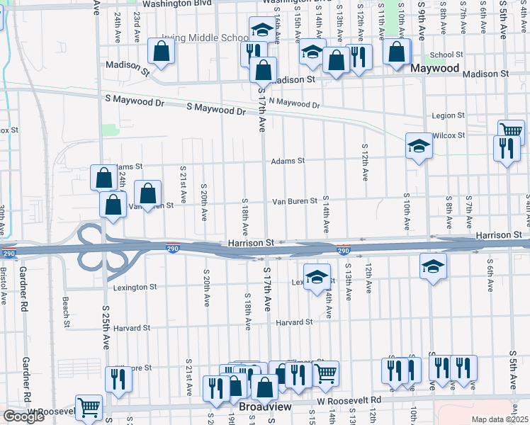 map of restaurants, bars, coffee shops, grocery stores, and more near 1610 South 17th Avenue in Maywood
