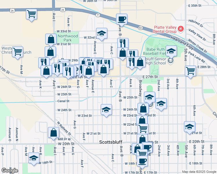 map of restaurants, bars, coffee shops, grocery stores, and more near 351-399 West 26th Street in Scottsbluff