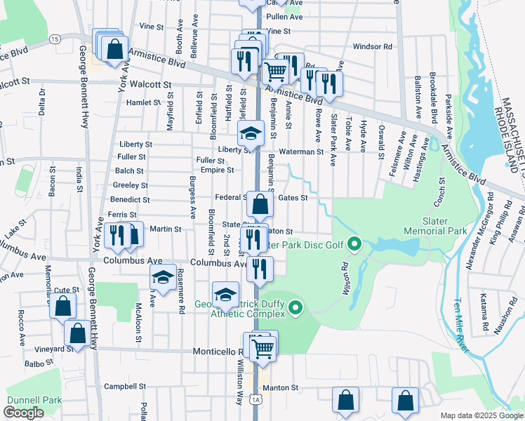 map of restaurants, bars, coffee shops, grocery stores, and more near 219 Benjamin Street in Pawtucket
