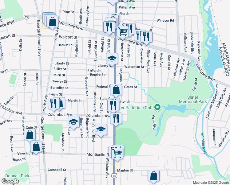 map of restaurants, bars, coffee shops, grocery stores, and more near 120 1st Street in Pawtucket