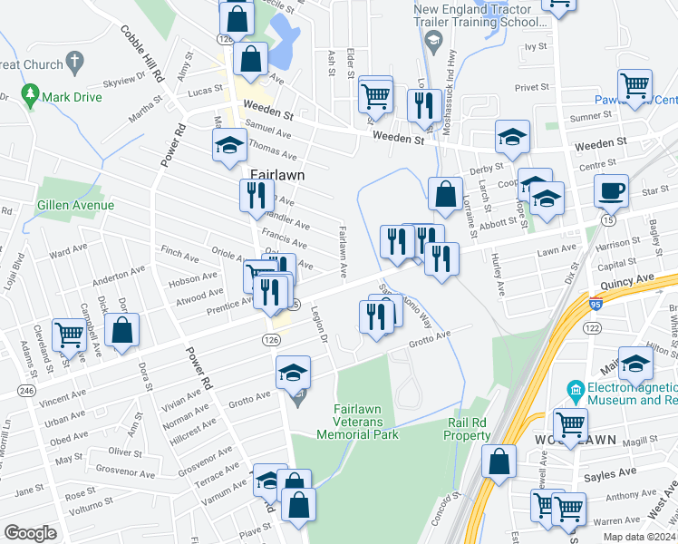 map of restaurants, bars, coffee shops, grocery stores, and more near 14 Fairview Avenue in Pawtucket