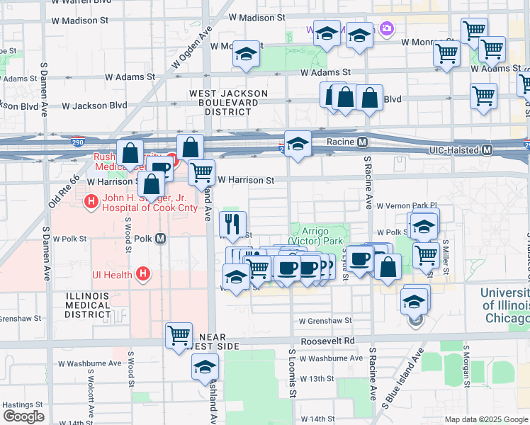 map of restaurants, bars, coffee shops, grocery stores, and more near 1430 West Lexington Street in Chicago