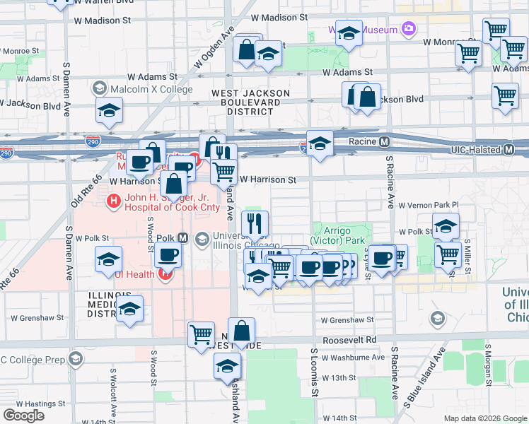 map of restaurants, bars, coffee shops, grocery stores, and more near 708 South Laflin Street in Chicago