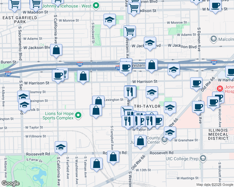 map of restaurants, bars, coffee shops, grocery stores, and more near 717 South Campbell Avenue in Chicago