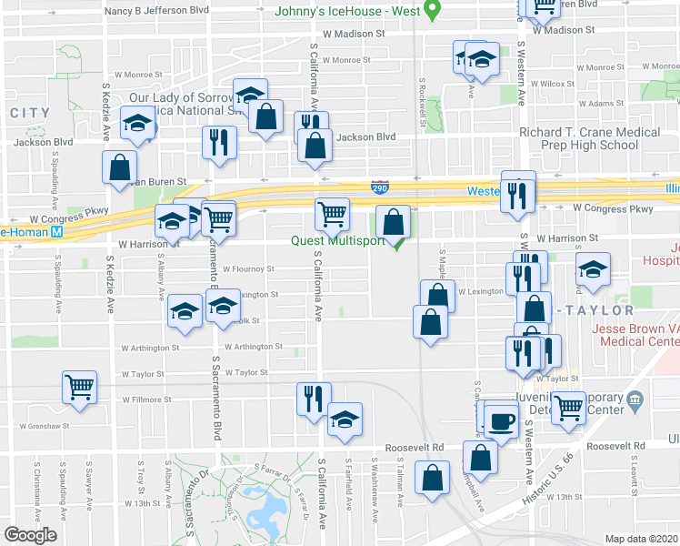 map of restaurants, bars, coffee shops, grocery stores, and more near 2721 West Flournoy Street in Chicago