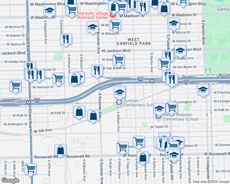 map of restaurants, bars, coffee shops, grocery stores, and more near 4316 West Flournoy Street in Chicago