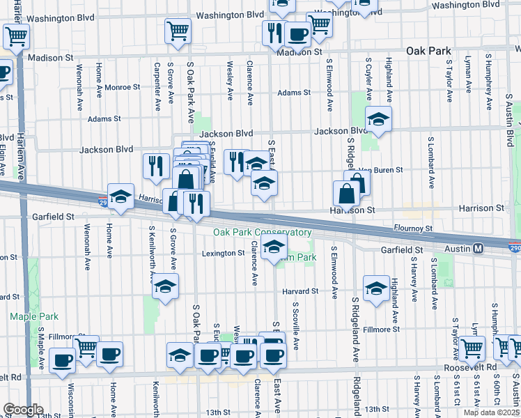 map of restaurants, bars, coffee shops, grocery stores, and more near 634 Harrison Street in Oak Park