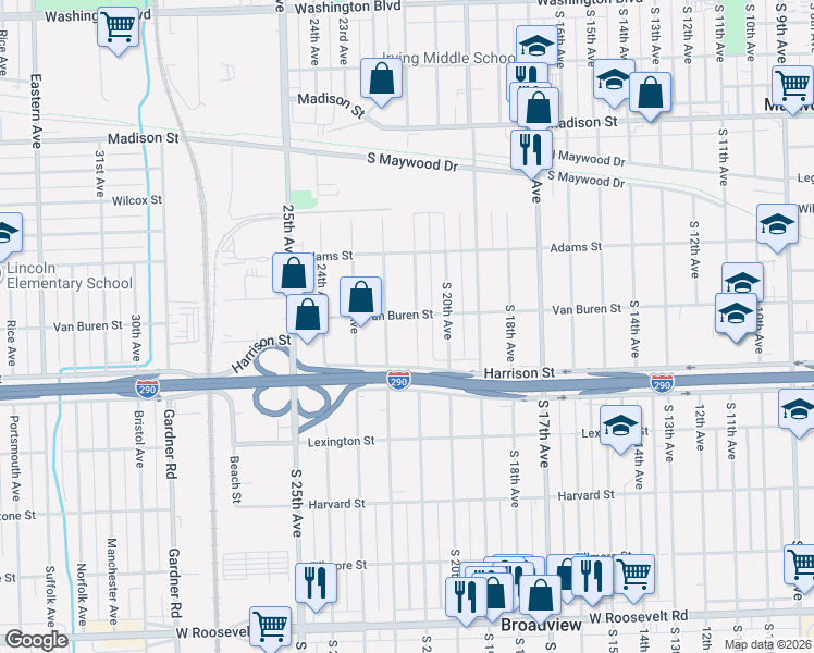 map of restaurants, bars, coffee shops, grocery stores, and more near 1611 South 21st Avenue in Maywood