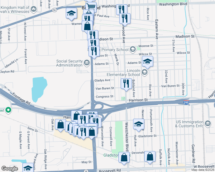 map of restaurants, bars, coffee shops, grocery stores, and more near 3825 Van Buren Street in Bellwood