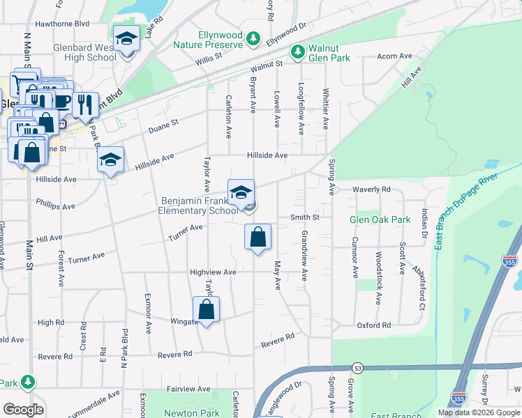 map of restaurants, bars, coffee shops, grocery stores, and more near 350 Bryant Avenue in Glen Ellyn