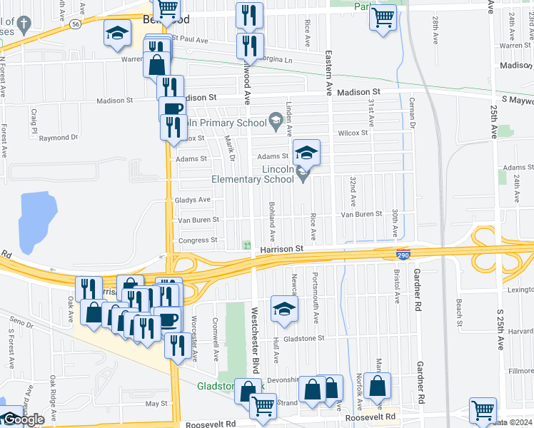 map of restaurants, bars, coffee shops, grocery stores, and more near 3601 Van Buren Street in Bellwood