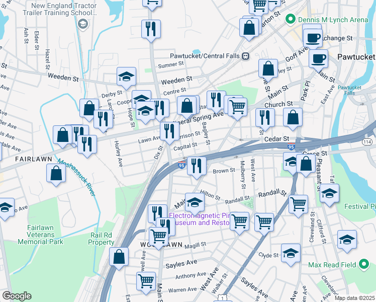 map of restaurants, bars, coffee shops, grocery stores, and more near 69 Quincy Avenue in Pawtucket