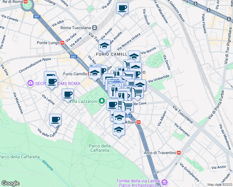 map of restaurants, bars, coffee shops, grocery stores, and more near 30 Via Turno in Rome
