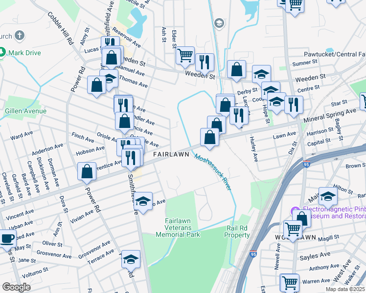 map of restaurants, bars, coffee shops, grocery stores, and more near 601 Mineral Spring Avenue in Pawtucket